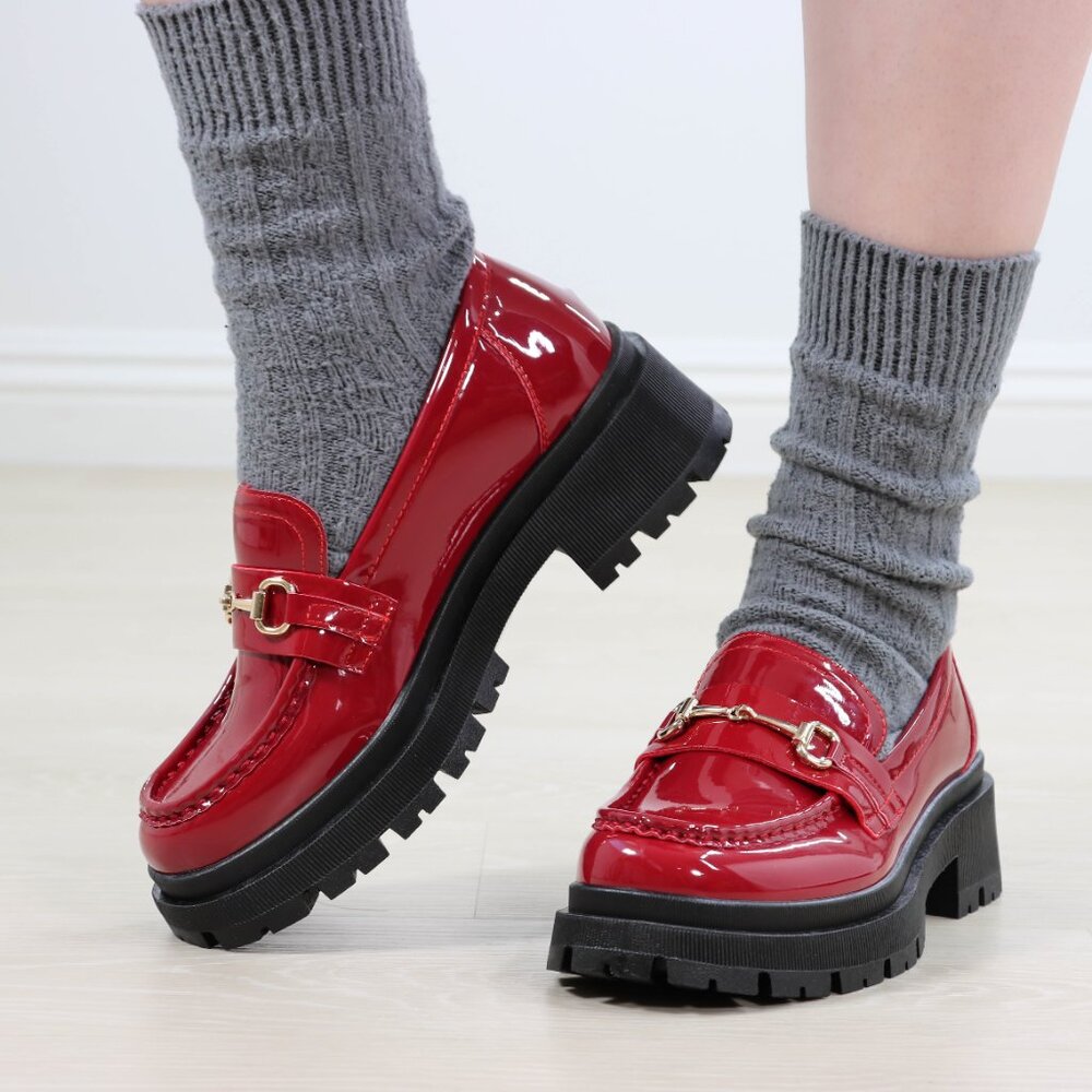 Red Patent Horsebit Loafers Chunky Platform Lug Sole Slip-Ons Grunge 90s Vibes - Picture 14 of 16